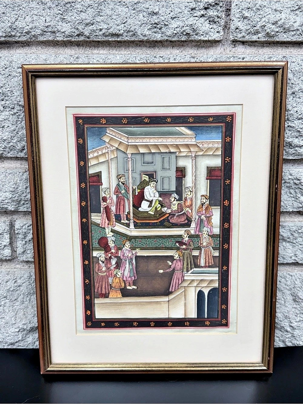 Indian Mughal Style Royal Court Miniature Painting Framed Art 8.25 x 11.5”